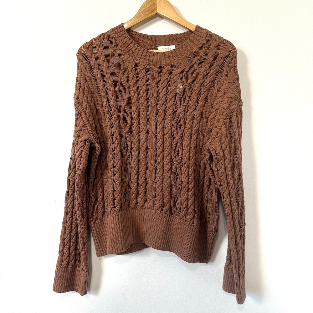 Haven Well Within Organic Cotton Cable Knit Sweater Brown Pointelle M NWT $148 - Picture 2 of 9